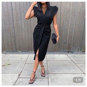 Double Ruffle Sleeveless Plunging Collar High Slit Dress
